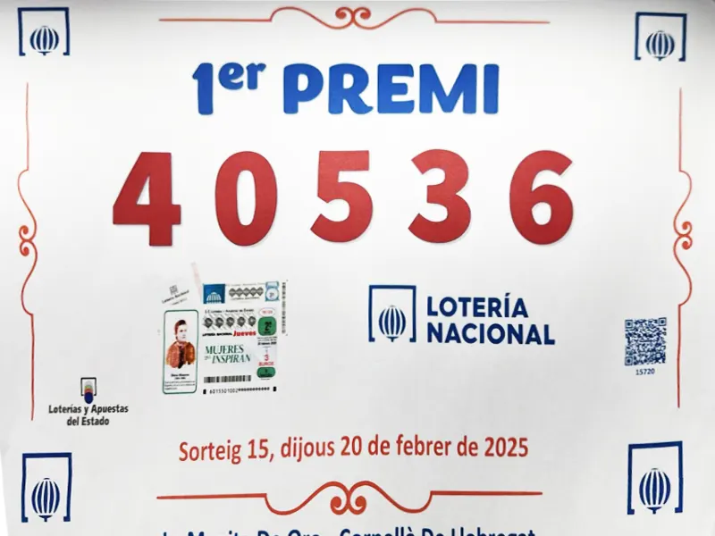 Cartel del primer premio de Lotería Nacional vendido en La Manita de Oro, Cornellà de Llobregat