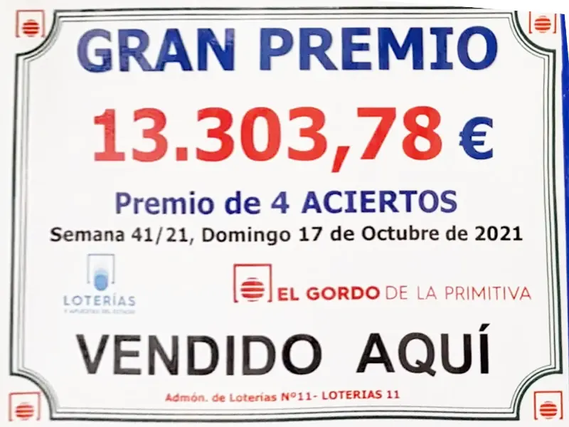 Imagen del premio de El Gordo de la Primitiva vendido en La Manita de Oro por valor de 13.303,78 euros