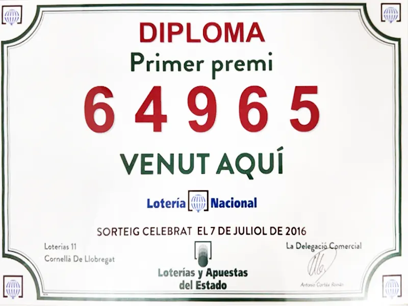 Imagen del primer premio del sorteo del 7 de julio de 2016 vendido en La Manita de Oro, administración de lotería en Cornellà de Llobregat